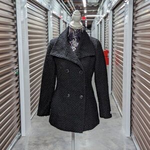 Calvin Klein Size XS Women's Black Textured Fit & Flare Wool Blend Pea Coat